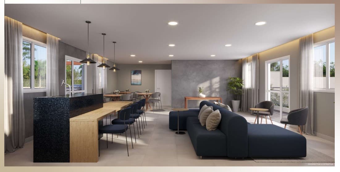 Sala de estar e jantar integrada com sofá azul, mesa de jantar e iluminação embutida.