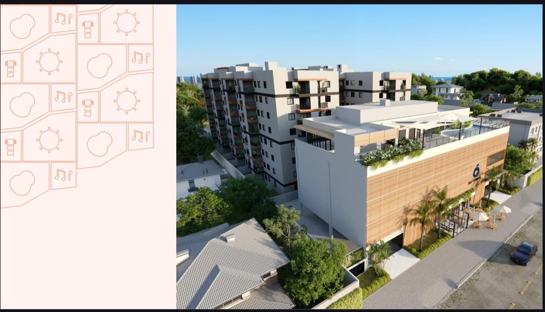 Perspectiva aérea de projeto residencial com área de lazer no terraço e edifícios integrados.