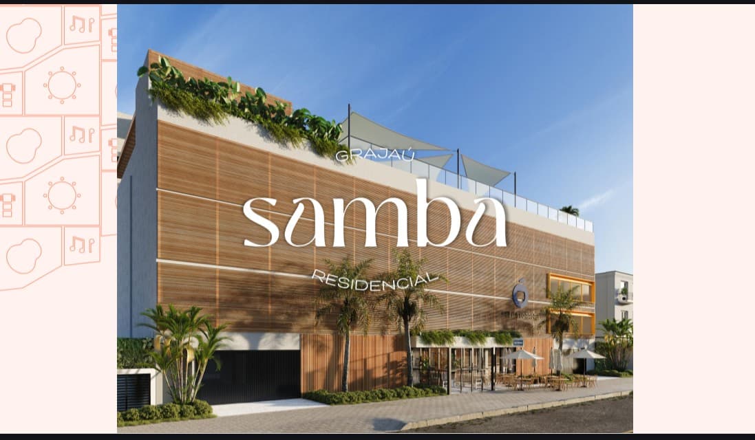 Fachada do edifício residencial com revestimento em madeira e área de lazer no topo.