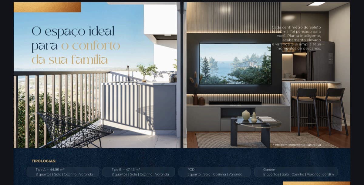 Varanda gourmet com bancada e vista externa, integrada a uma sala de estar com painel de TV e cozinha americana.
