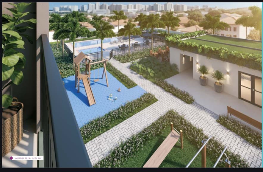 Vista panorâmica da área de lazer do condomínio com piscina, playground e paisagismo a partir da varanda.