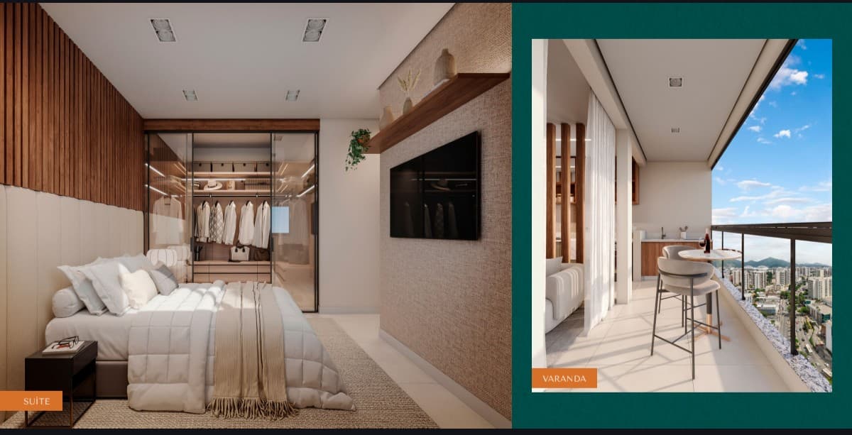 Suíte com cama de casal, guarda-roupa com portas de vidro e varanda com vista urbana.